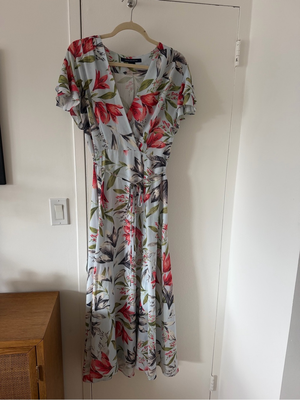 French Connection Light Blue Floral Midi Wrap Dress with Red & Green Print